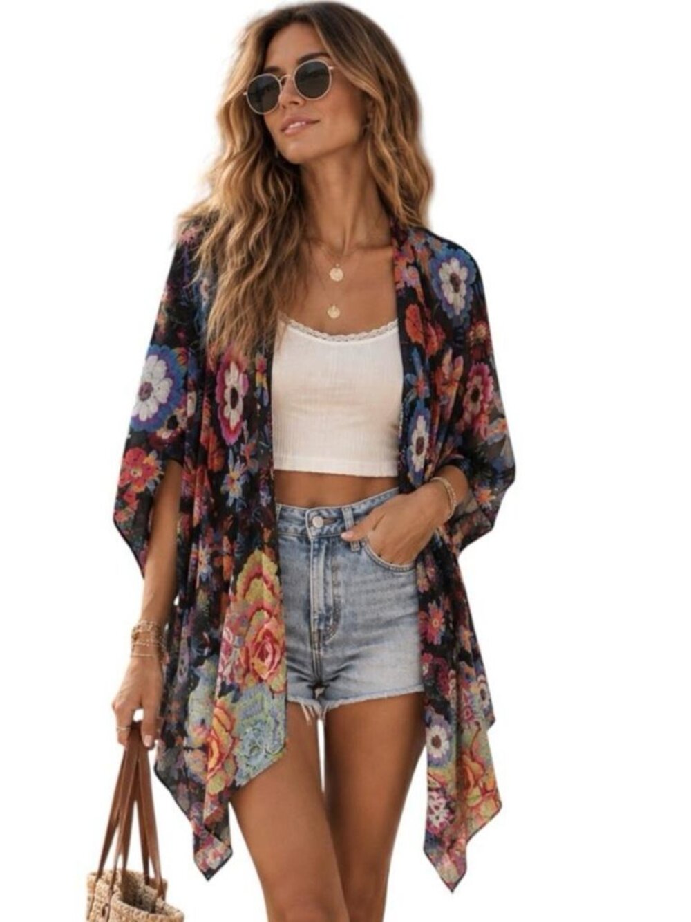 NWOT VICI Black Pink Boho Floral Oversized Long Duster Open Kimono Top Blouse OS